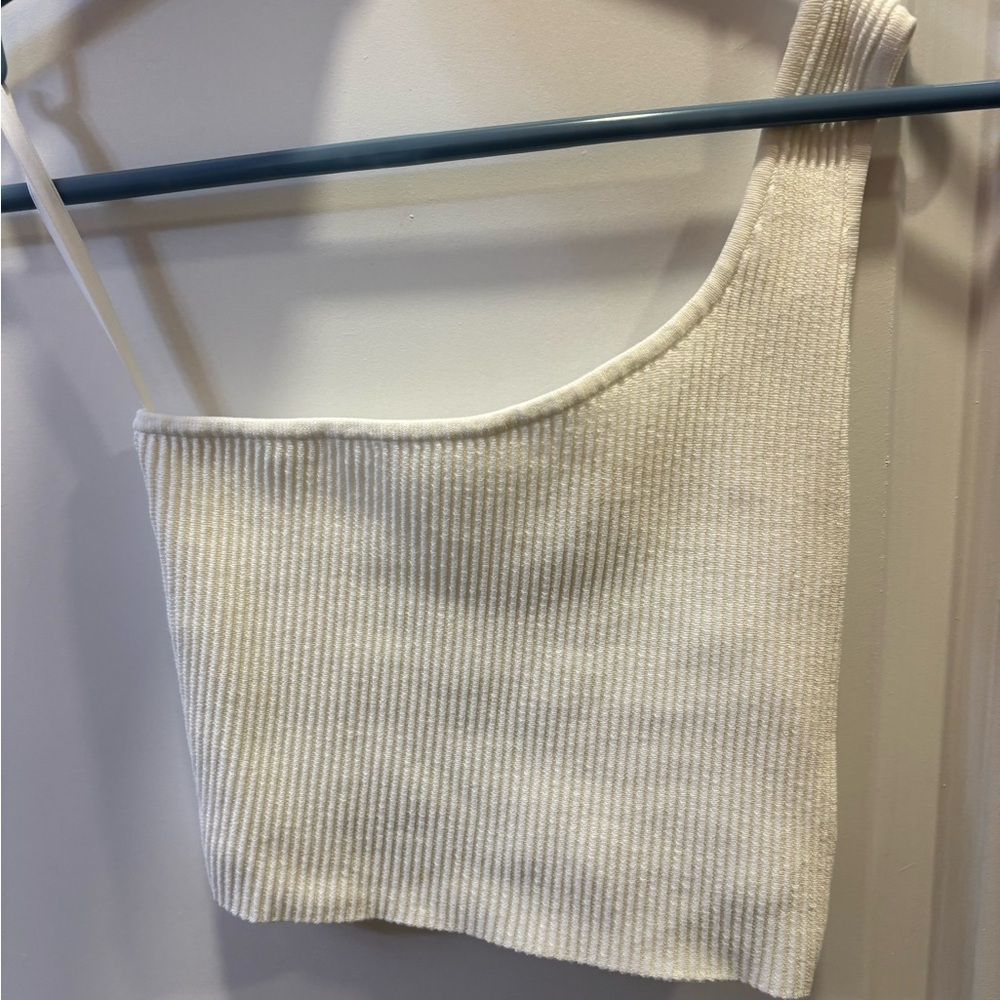 Babaton White one shoulder ribbed crop tank